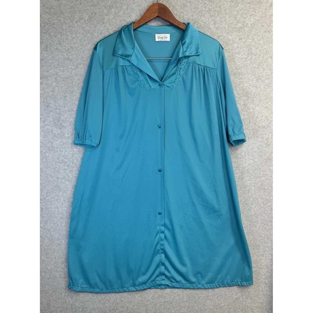 VTG Vanity Fair Turquoise Nylon Robe L USA Button‎ Front Style 31-107